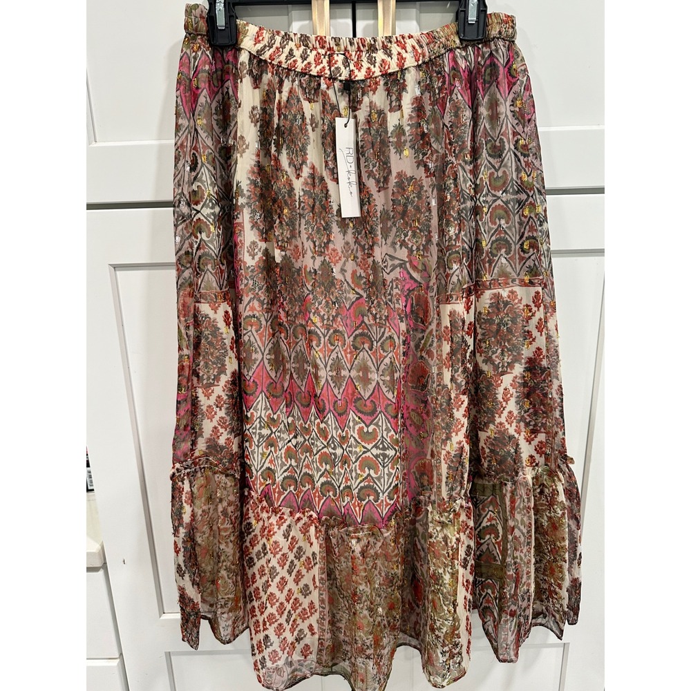 RD+Koko Womens Boho Patchwork Metallic Chiffon Tiered Midi Skirt Pink Multi L